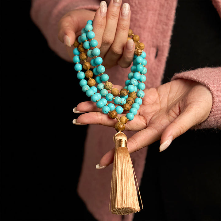 Buddha Stones 108 Mala Koraliki Turkusowy Obrazek Jaspis Koraliki Tassel Balance Bransoletka