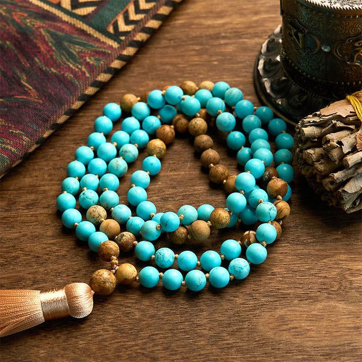 Buddha Stones 108 Mala Koraliki Turkusowy Obrazek Jaspis Koraliki Tassel Balance Bransoletka