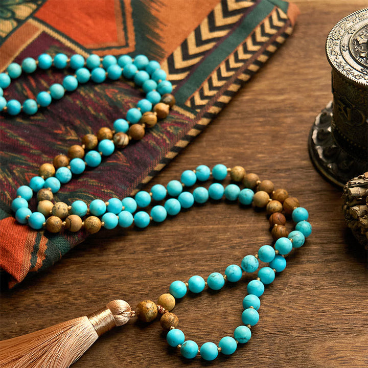 Buddha Stones 108 Mala Koraliki Turkusowy Obrazek Jaspis Koraliki Tassel Balance Bransoletka