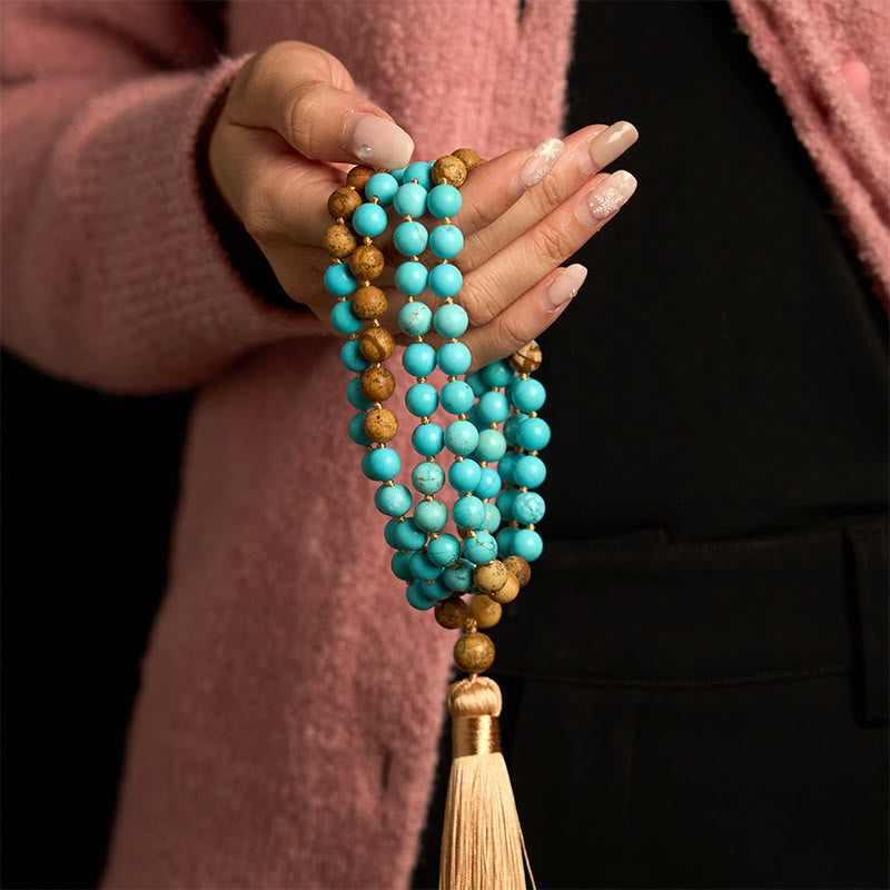 Buddha Stones 108 Mala Koraliki Turkusowy Obrazek Jaspis Koraliki Tassel Balance Bransoletka