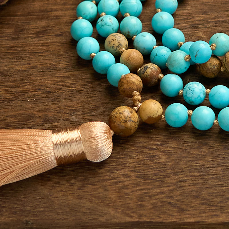 Buddha Stones 108 Mala Koraliki Turkusowy Obrazek Jaspis Koraliki Tassel Balance Bransoletka
