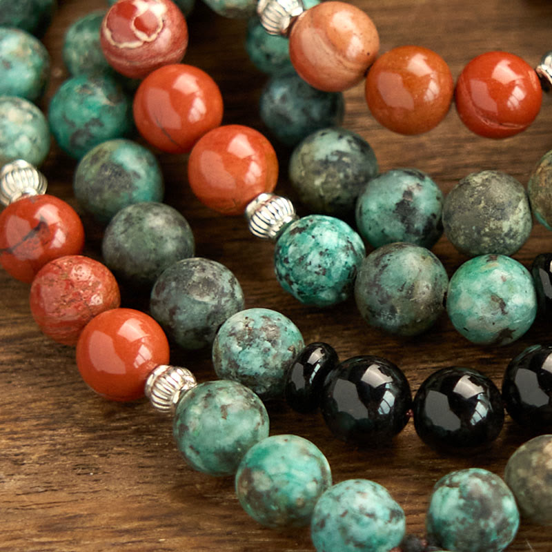 Buddha Stones 108 Mala Naturalny Czarny Onyks Czerwony Jaspis Turkusowe Koraliki Głowa Buddy Bransoletka Ochronna z Chwostem