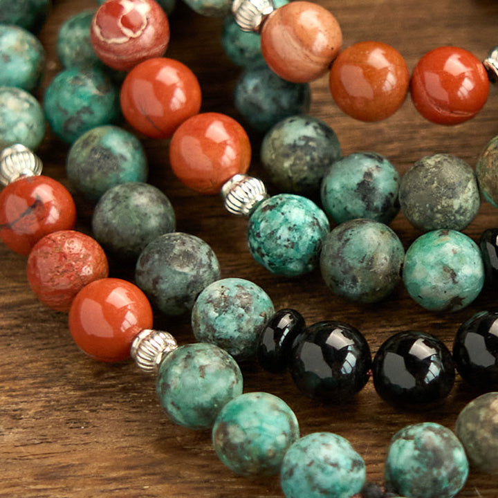 Buddha Stones 108 Mala Naturalny Czarny Onyks Czerwony Jaspis Turkusowe Koraliki Głowa Buddy Bransoletka Ochronna z Chwostem