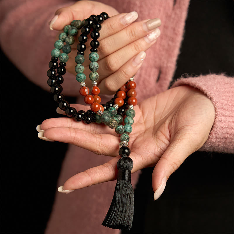 Buddha Stones 108 Mala Naturalny Czarny Onyks Czerwony Jaspis Turkusowe Koraliki Głowa Buddy Bransoletka Ochronna z Chwostem
