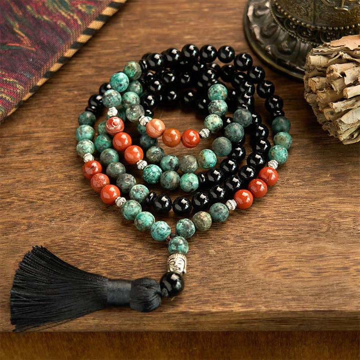 Buddha Stones 108 Mala Naturalny Czarny Onyks Czerwony Jaspis Turkusowe Koraliki Głowa Buddy Bransoletka Ochronna z Chwostem