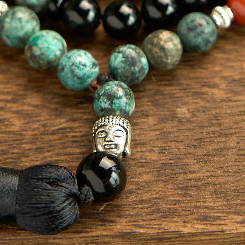 Buddha Stones 108 Mala Naturalny Czarny Onyks Czerwony Jaspis Turkusowe Koraliki Głowa Buddy Bransoletka Ochronna z Chwostem