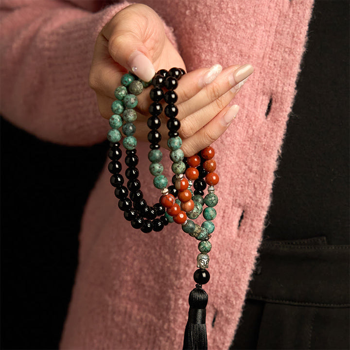 Buddha Stones 108 Mala Naturalny Czarny Onyks Czerwony Jaspis Turkusowe Koraliki Głowa Buddy Bransoletka Ochronna z Chwostem