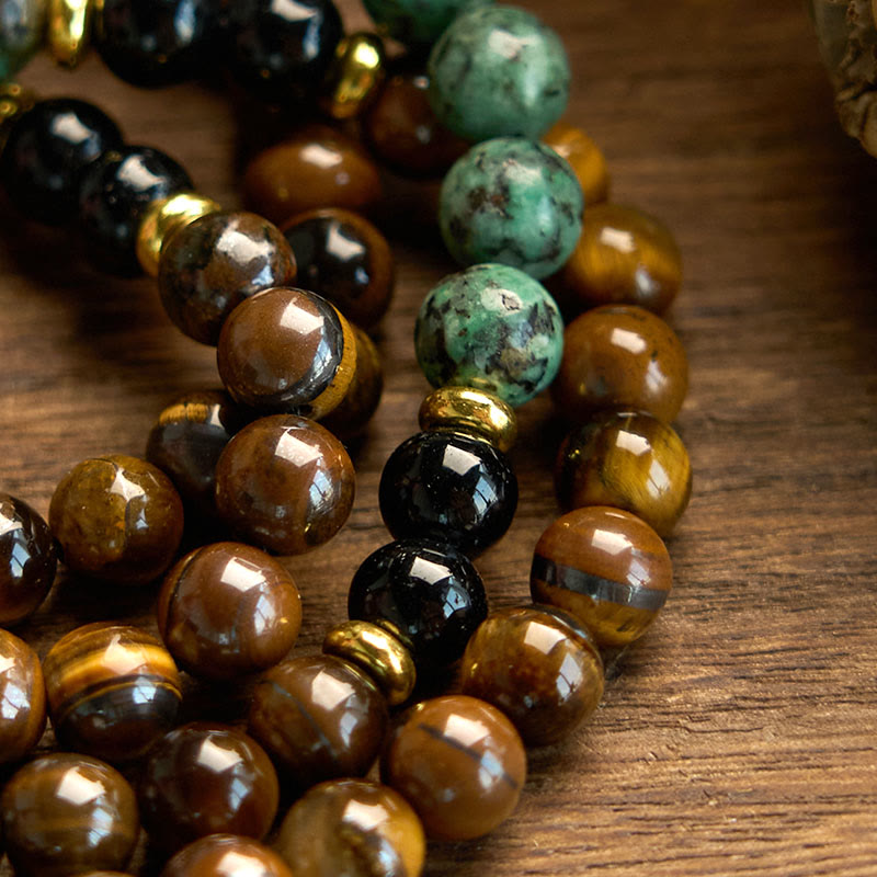 Buddha Stones 108 Mala Naturalny Kamień Tygrysie Oko Turkusowe Koraliki Bransoletka Ochronna Chwostów