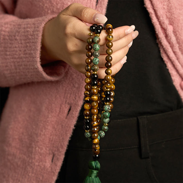 Buddha Stones 108 Mala Naturalny Kamień Tygrysie Oko Turkusowe Koraliki Bransoletka Ochronna Chwostów