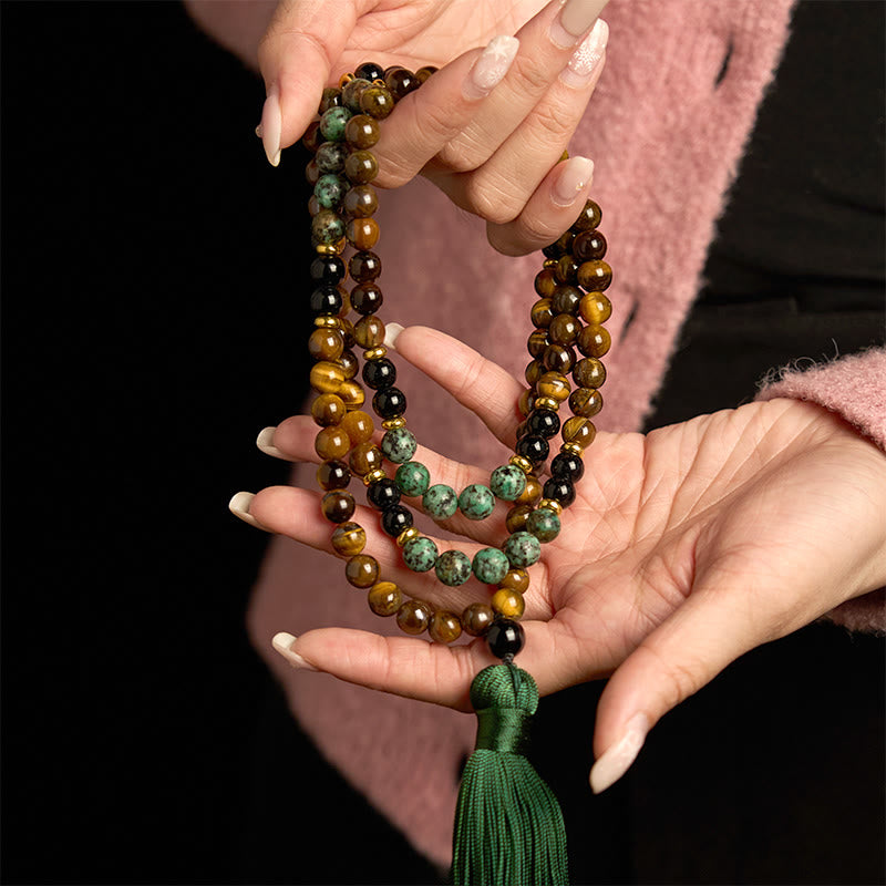 Buddha Stones 108 Mala Naturalny Kamień Tygrysie Oko Turkusowe Koraliki Bransoletka Ochronna Chwostów