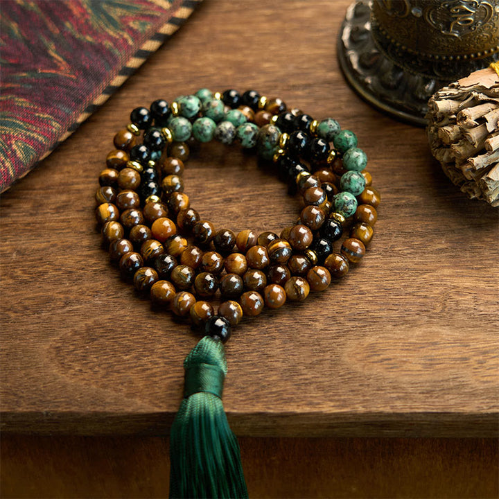 Buddha Stones 108 Mala Naturalny Kamień Tygrysie Oko Turkusowe Koraliki Bransoletka Ochronna Chwostów