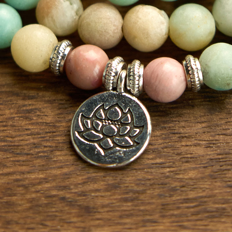 Buddha Stones 108 Mala Rodonit Amazonit Koraliki Bransoletka Lotus Compassion