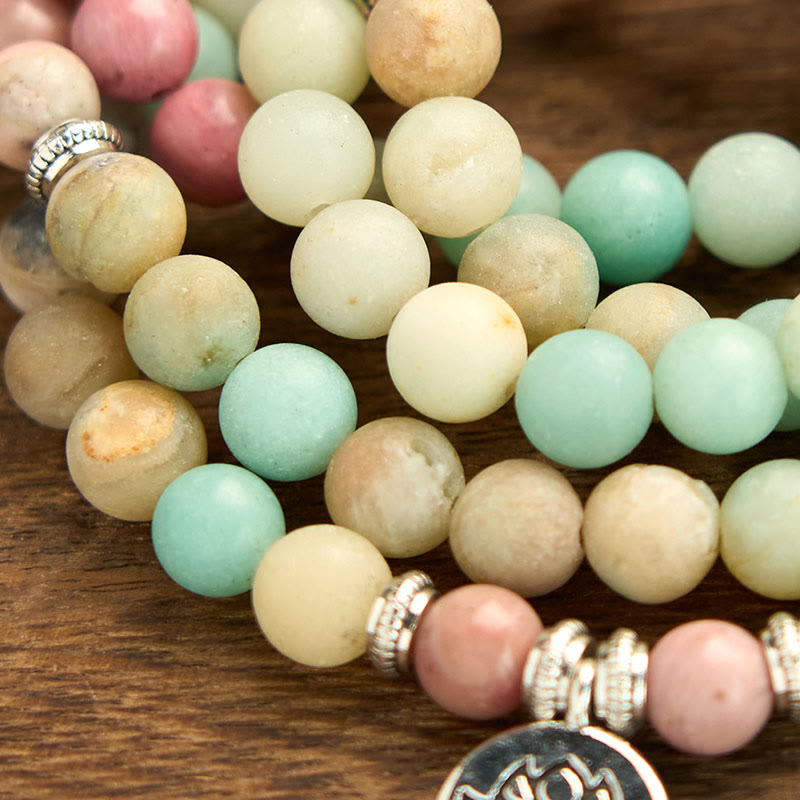 Buddha Stones 108 Mala Rodonit Amazonit Koraliki Bransoletka Lotus Compassion