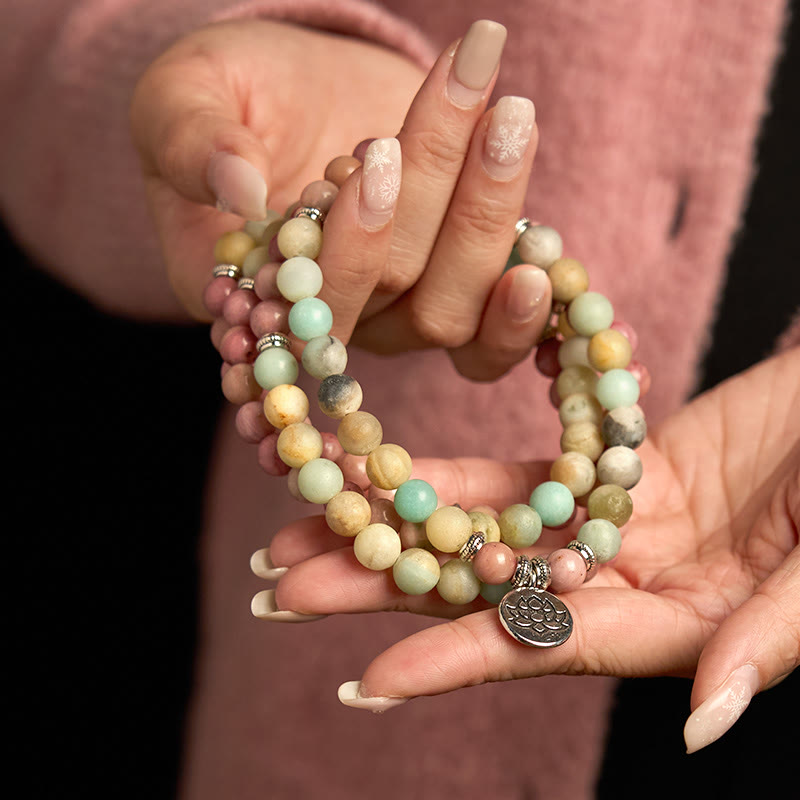 Buddha Stones 108 Mala Rodonit Amazonit Koraliki Bransoletka Lotus Compassion