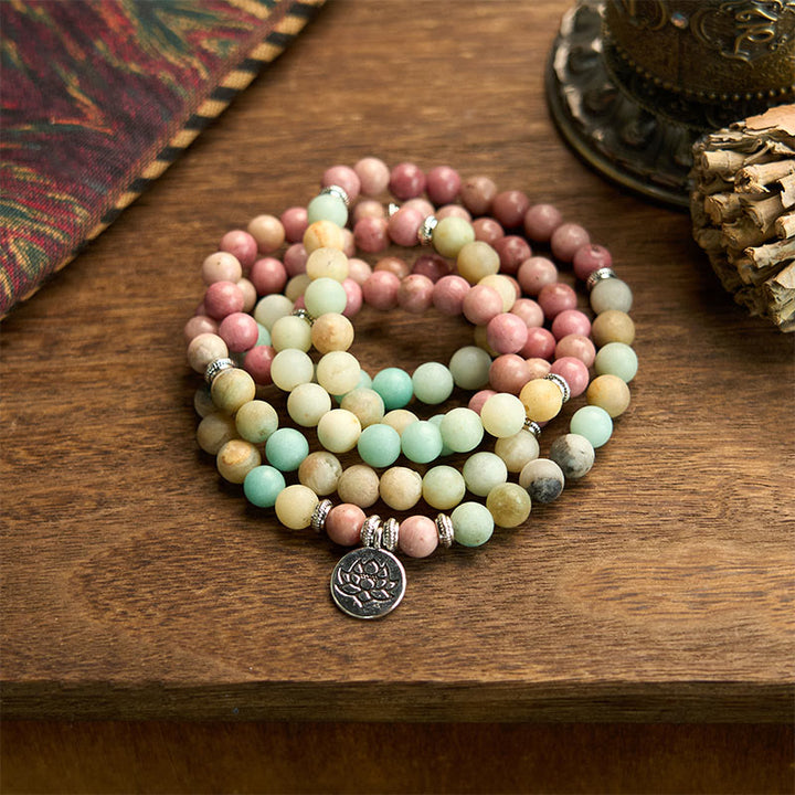 Buddha Stones 108 Mala Rodonit Amazonit Koraliki Bransoletka Lotus Compassion