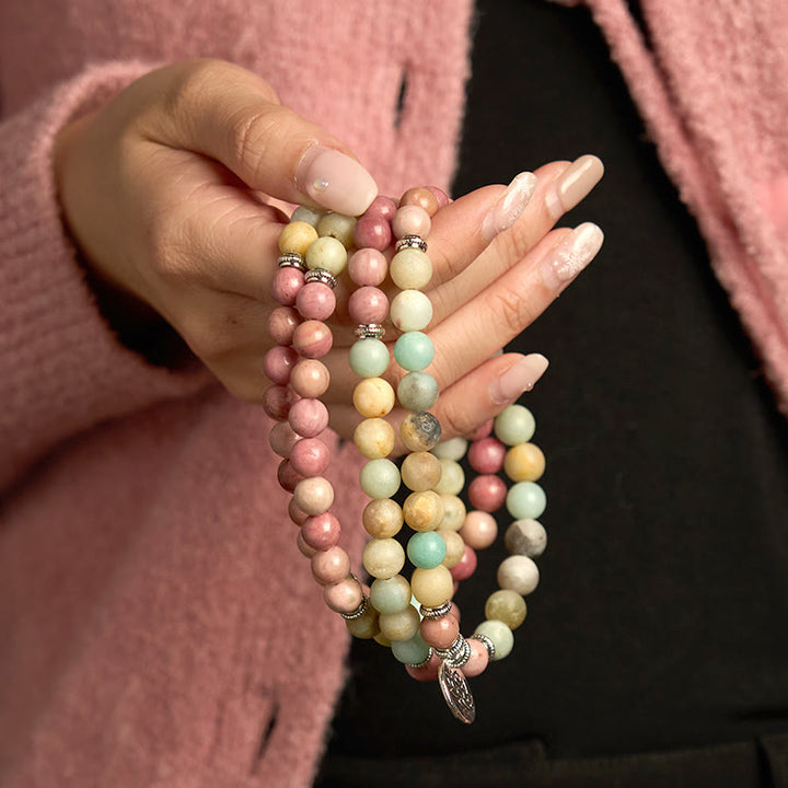 Buddha Stones 108 Mala Rodonit Amazonit Koraliki Bransoletka Lotus Compassion