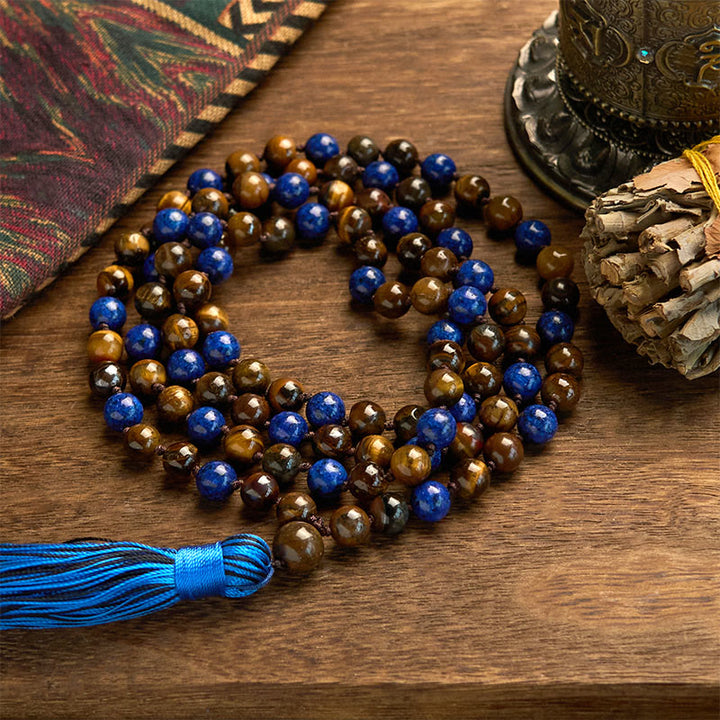 Buddha Stones 108 Koraliki Naturalny Kamień Tygrysie Oko Lazuryt Mala Tassel Bransoletka Ochronna
