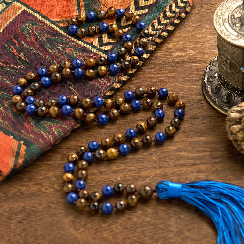 Buddha Stones 108 Koraliki Naturalny Kamień Tygrysie Oko Lazuryt Mala Tassel Bransoletka Ochronna