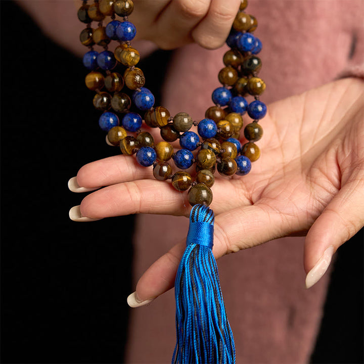 Buddha Stones 108 Koraliki Naturalny Kamień Tygrysie Oko Lazuryt Mala Tassel Bransoletka Ochronna
