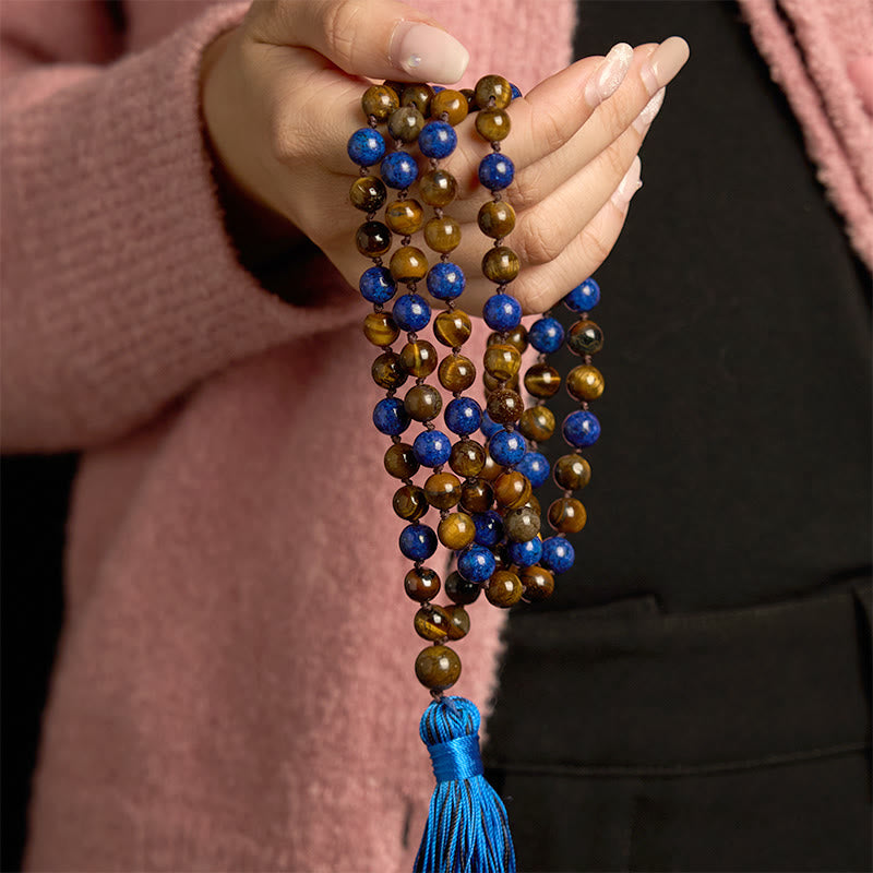 Buddha Stones 108 Koraliki Naturalny Kamień Tygrysie Oko Lazuryt Mala Tassel Bransoletka Ochronna