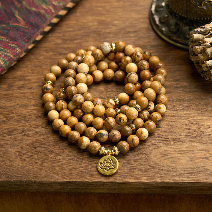 Buddha Stones 108 Koralików Obraz Jaspis Mala Lotus Bransoletka Odwaga