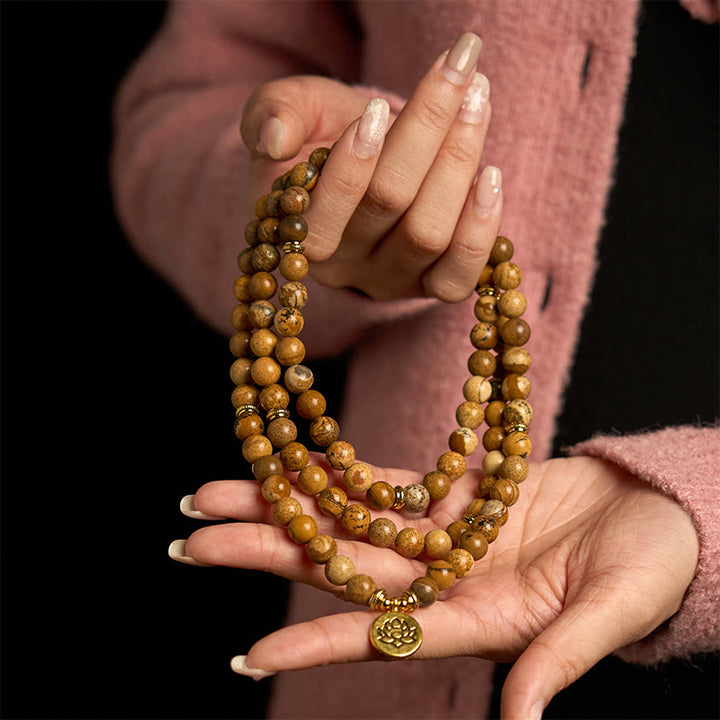 Buddha Stones 108 Koralików Obraz Jaspis Mala Lotus Bransoletka Odwaga