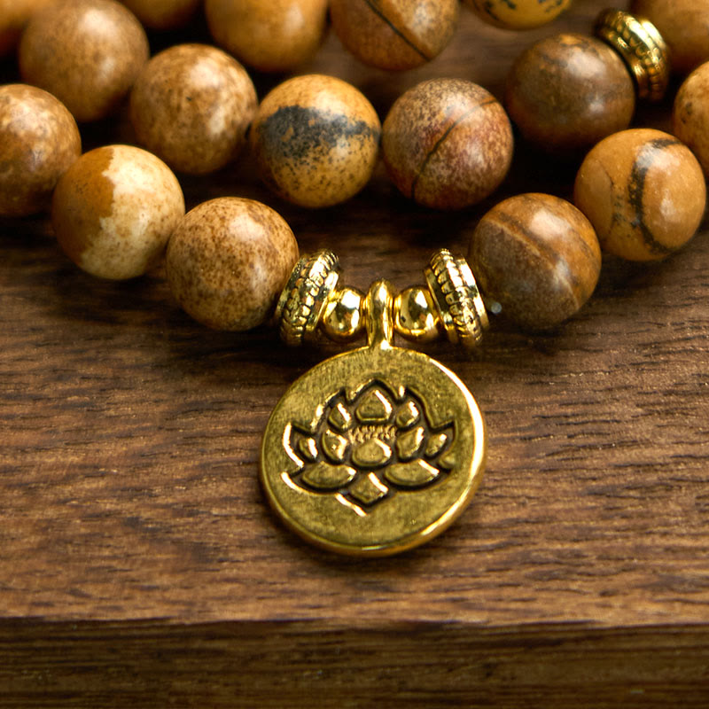 Buddha Stones 108 Koralików Obraz Jaspis Mala Lotus Bransoletka Odwaga