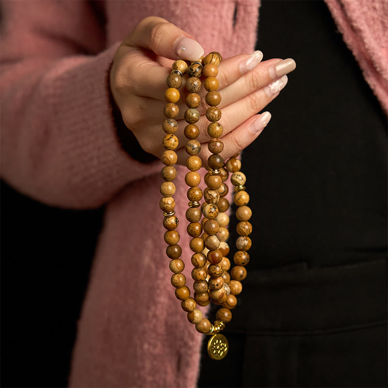 Buddha Stones 108 Koralików Obraz Jaspis Mala Lotus Bransoletka Odwaga