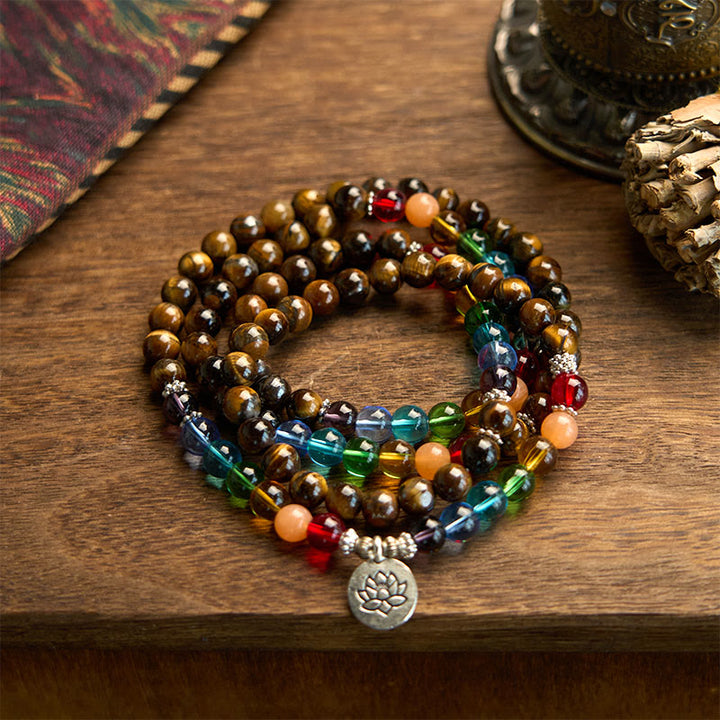 Buddha Stones 108 Koraliki Mala Naturalne Kamień Tygrysie Oko Kolorowe Koraliki Bransoletka Ochronna Lotosu