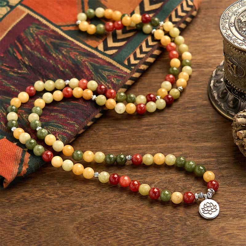 Buddha Stones 108 Koraliki Mala Naturalny Kolorowy Kamień Topaz Czerwony Jaspis Zielony Jaspis Bransoletka Ochronna Lotosu