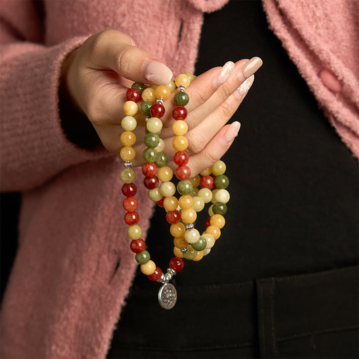 Buddha Stones 108 Koraliki Mala Naturalny Kolorowy Kamień Topaz Czerwony Jaspis Zielony Jaspis Bransoletka Ochronna Lotosu
