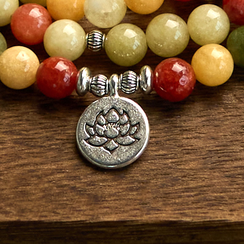 Buddha Stones 108 Koraliki Mala Naturalny Kolorowy Kamień Topaz Czerwony Jaspis Zielony Jaspis Bransoletka Ochronna Lotosu