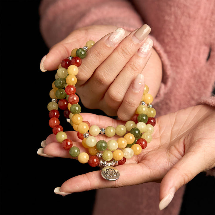 Buddha Stones 108 Koraliki Mala Naturalny Kolorowy Kamień Topaz Czerwony Jaspis Zielony Jaspis Bransoletka Ochronna Lotosu