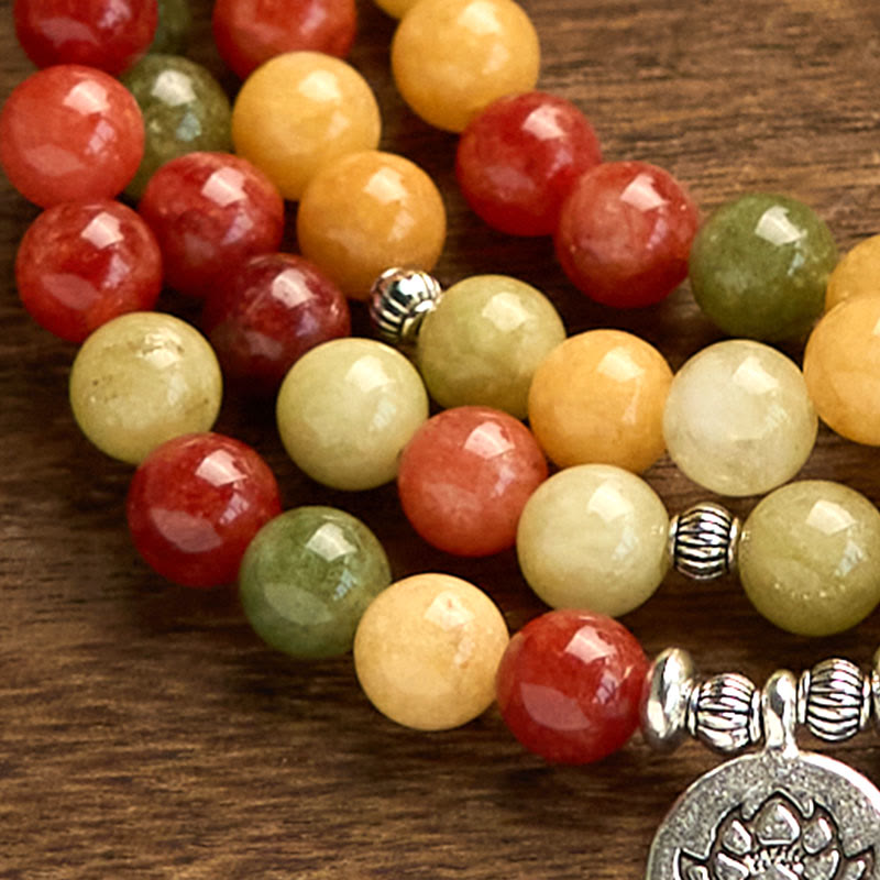 Buddha Stones 108 Koraliki Mala Naturalny Kolorowy Kamień Topaz Czerwony Jaspis Zielony Jaspis Bransoletka Ochronna Lotosu
