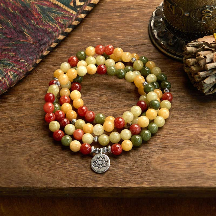 Buddha Stones 108 Koraliki Mala Naturalny Kolorowy Kamień Topaz Czerwony Jaspis Zielony Jaspis Bransoletka Ochronna Lotosu