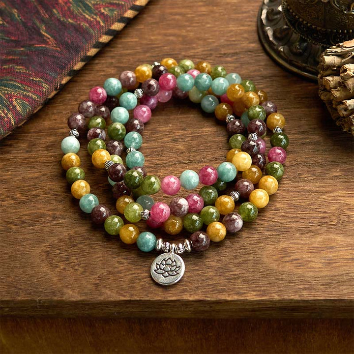 Buddha Stones 108 Koraliki Mala Wielowarstwowa Naturalna Bransoletka Turmalin Lotos Mądrość