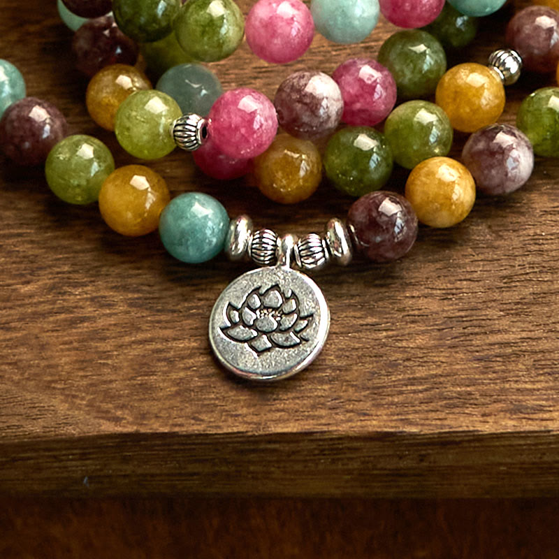 Buddha Stones 108 Koraliki Mala Wielowarstwowa Naturalna Bransoletka Turmalin Lotos Mądrość