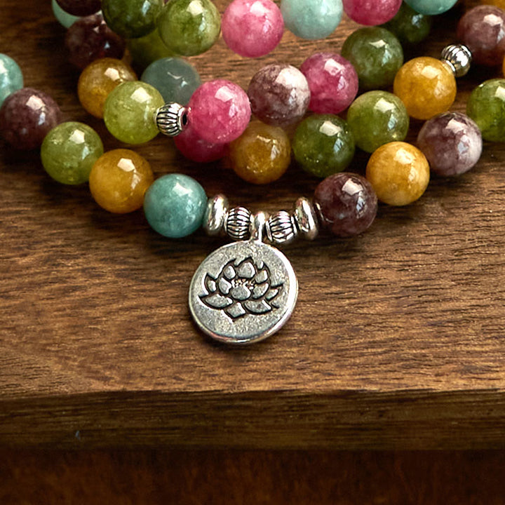 Buddha Stones 108 Koraliki Mala Wielowarstwowa Naturalna Bransoletka Turmalin Lotos Mądrość