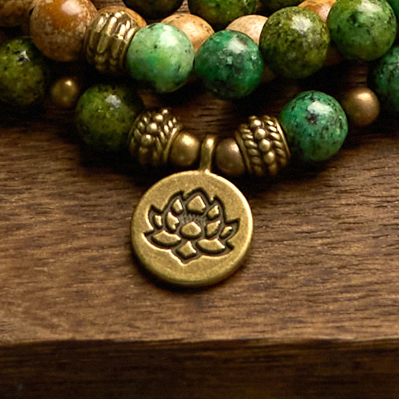 Buddha Stones 108 Koraliki Mala Naturalny Kamień Obraz Jaspis Turkusowy Lotos Pozytywna Bransoletka
