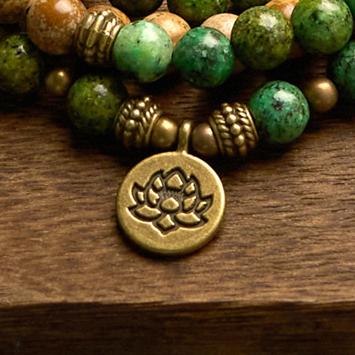 Buddha Stones 108 Koraliki Mala Naturalny Kamień Obraz Jaspis Turkusowy Lotos Pozytywna Bransoletka