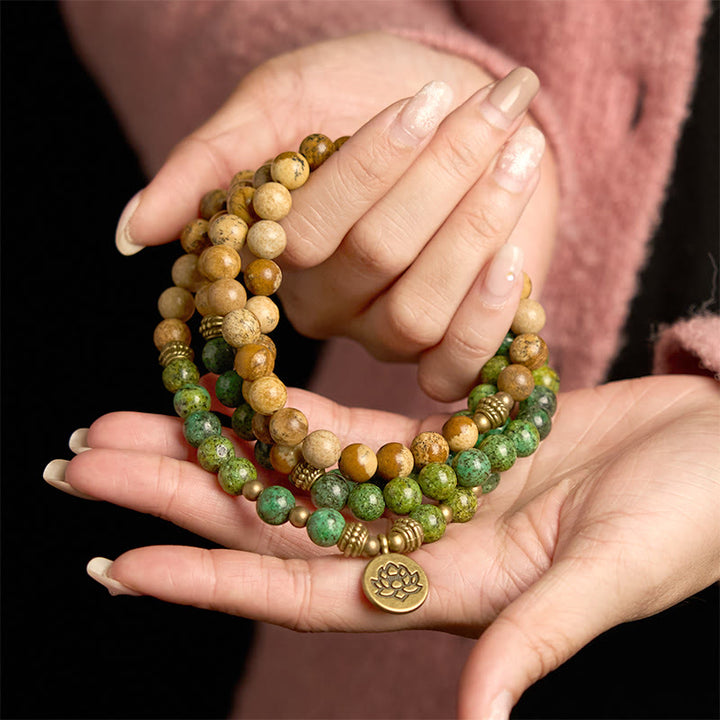 Buddha Stones 108 Koraliki Mala Naturalny Kamień Obraz Jaspis Turkusowy Lotos Pozytywna Bransoletka