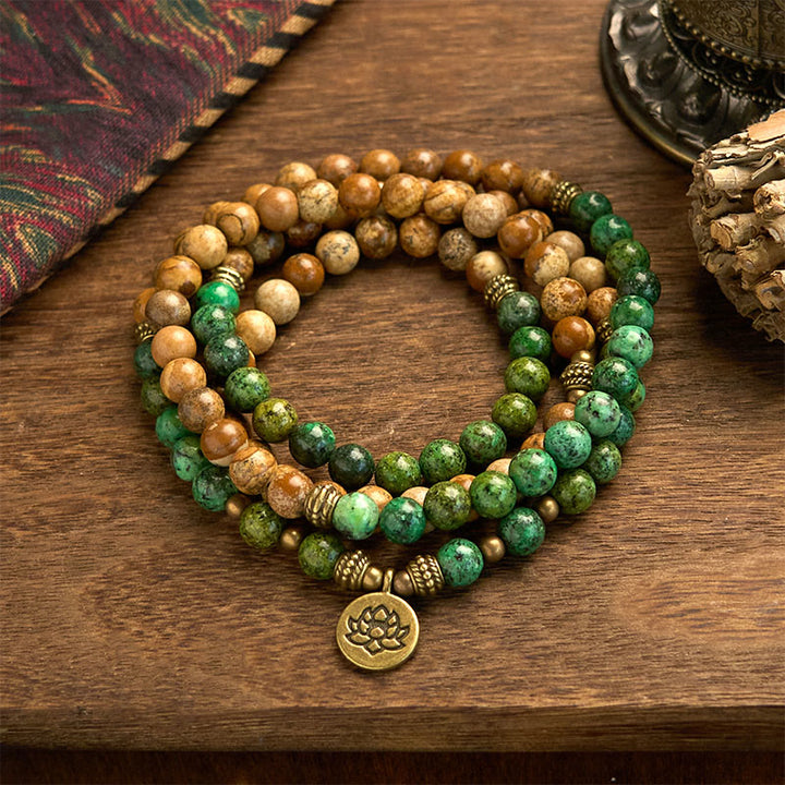 Buddha Stones 108 Koraliki Mala Naturalny Kamień Obraz Jaspis Turkusowy Lotos Pozytywna Bransoletka