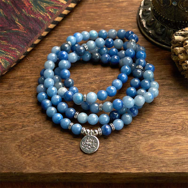 Buddha Stones 108 Koraliki Mala Wielowarstwowa Naturalna Niebieska Bransoletka Awenturyn Lotos Spokój