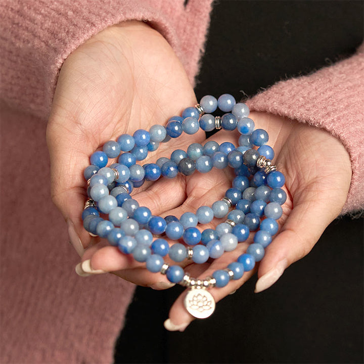 Buddha Stones 108 Koraliki Mala Wielowarstwowa Naturalna Niebieska Bransoletka Awenturyn Lotos Spokój