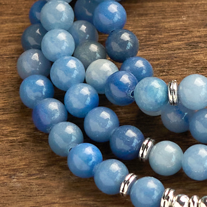 Buddha Stones 108 Koraliki Mala Wielowarstwowa Naturalna Niebieska Bransoletka Awenturyn Lotos Spokój