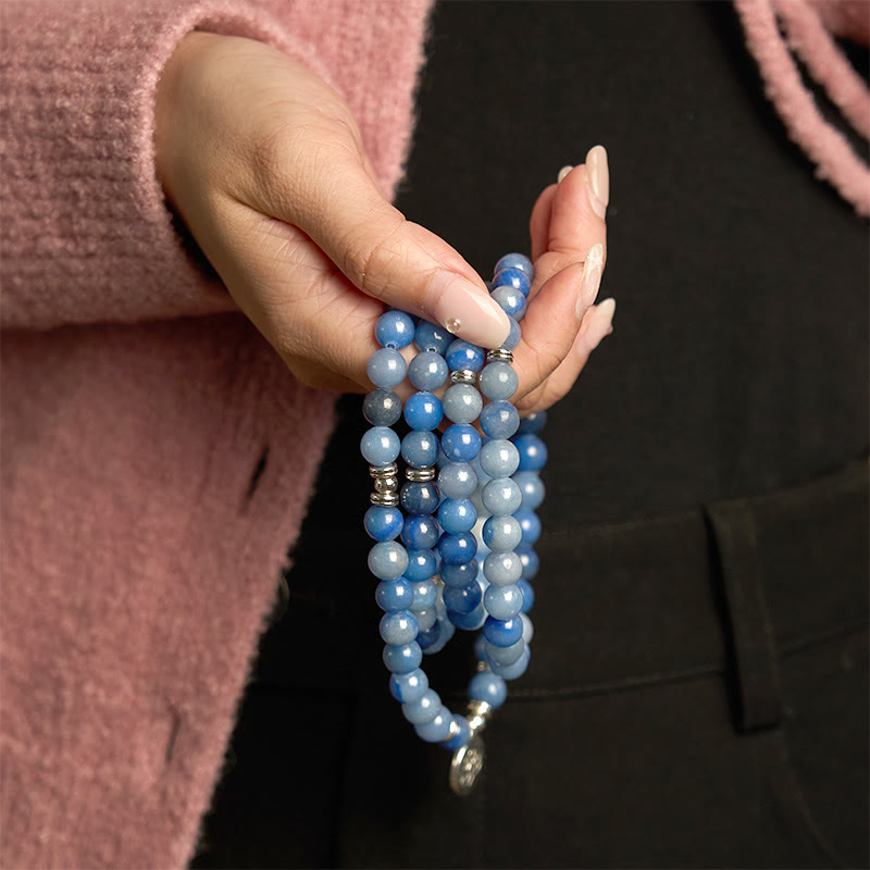 Buddha Stones 108 Koraliki Mala Wielowarstwowa Naturalna Niebieska Bransoletka Awenturyn Lotos Spokój