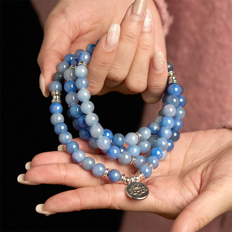Buddha Stones 108 Koraliki Mala Wielowarstwowa Naturalna Niebieska Bransoletka Awenturyn Lotos Spokój