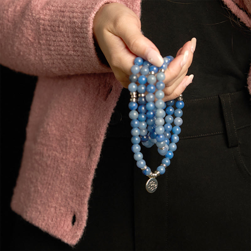Buddha Stones 108 Koraliki Mala Wielowarstwowa Naturalna Niebieska Bransoletka Awenturyn Lotos Spokój