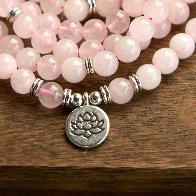 Buddha Stones 108 Koraliki Mala Naturalny Kamień Kwarc Różowy Lotos Bransoletka Spokoju