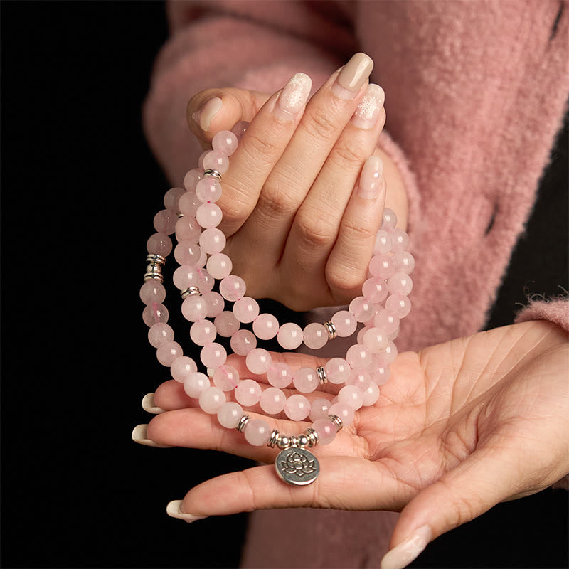 Buddha Stones 108 Koraliki Mala Naturalny Kamień Kwarc Różowy Lotos Bransoletka Spokoju